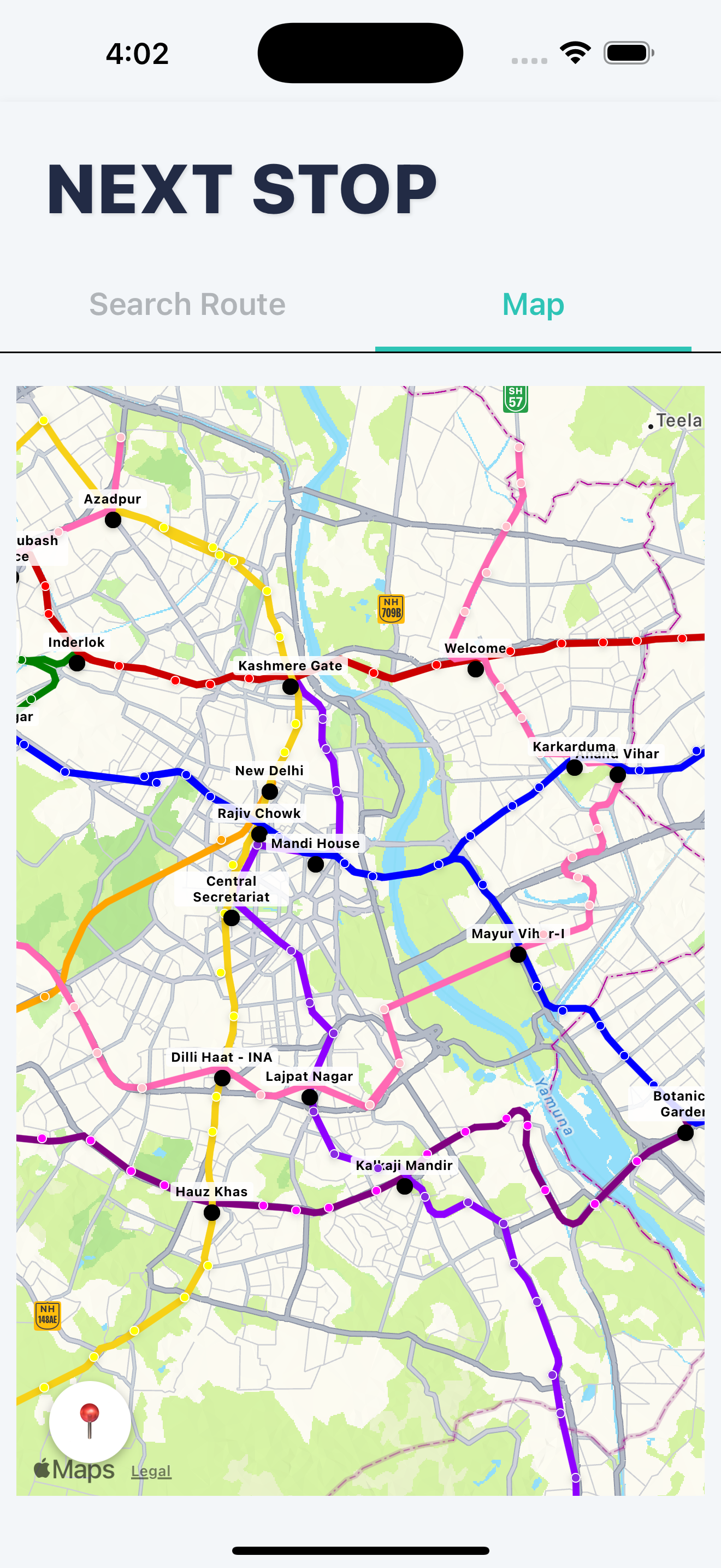 Next Stop app main screen